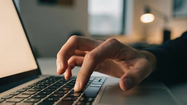 Close up of hand interacting with laptop keyboard in dim lighting