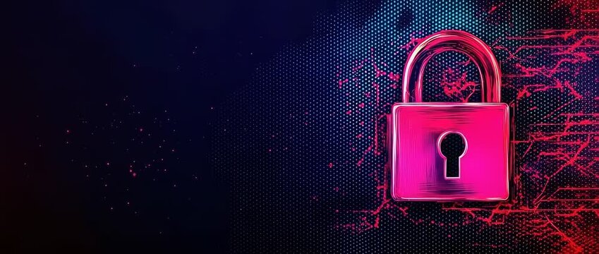 Bright pink glowing padlock against a dark blue digital abstract background with copy space