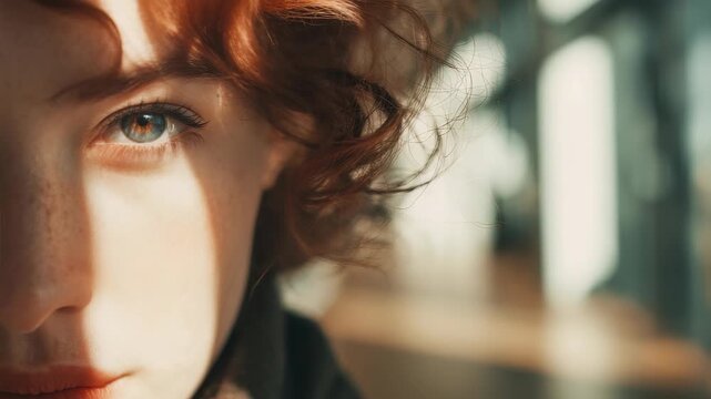 Close up portrait of a young woman with red hair and freckles, illuminated by soft natural sunlight. Artistic focus on her green eye and delicate facial features creates a dreamy, introspective mood