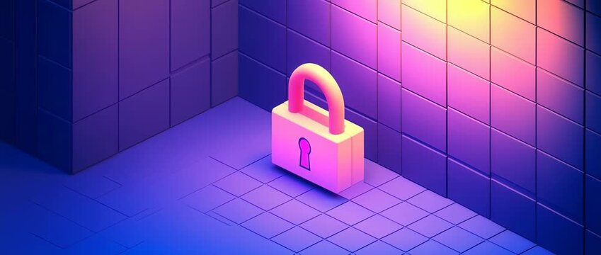 Isometric pink padlock secured in a corner of a room with blue purple neon lighting