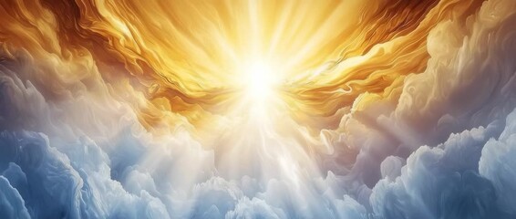 Intense golden sunburst radiates above stylized blue and orange swirling dramatic clouds