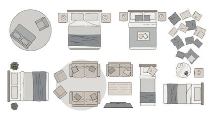 Top-down view of various bedroom and living room furniture arrangements, including beds, sofas, rugs, and decorative elements.