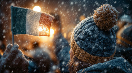 Italian flag waving in snowy winter stadium crowd with illuminated spotlight cheering fans during outdoor sports event Milano Cortina 2026