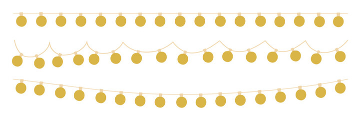 Christmas garland fairy light with gold circle bulbs. Xmas festive decoration string with hanging retro led lamp. Glowing string with lightbulb for holiday card, banner, poster. Vector illustration.