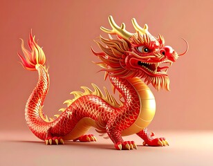 Obraz premium Vibrant red and gold Chinese dragon sculpture, a powerful symbol of good fortune, prosperity, and strength in traditional Asian mythology and cultural celebrations