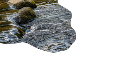 Flowing river water over textured rocks, natural detail, isolated on white