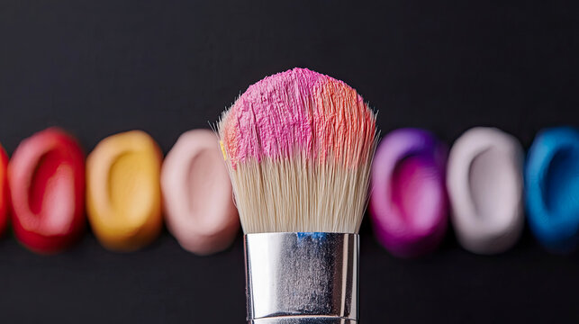 Close-up of paintbrush with pink and orange pigments on its bristles, set against blurred background of colorful blobs of material on dark surface, highlighting art supplies and creative inspiration. - Powered by Adobe