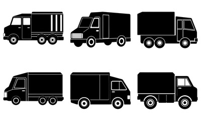 Six Black Delivery Trucks Silhouettes on White Background transportation 1