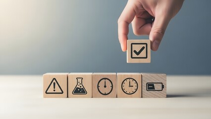 A hand placing a checkmark block on top of a row of icons blocks