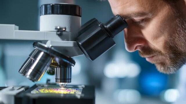 A focused scientist examines a specimen slide under a modern microscope in a high tech laboratory environment. Precision and concentration highlight the pursuit of scientific discovery