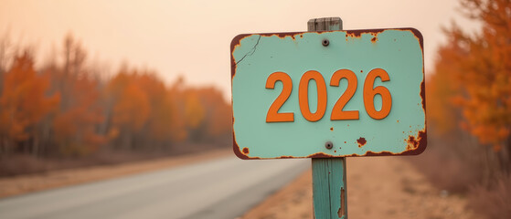 Weathered road sign displaying year 2026, surrounded by autumn foliage and quiet road. scene evokes sense of nostalgia and change