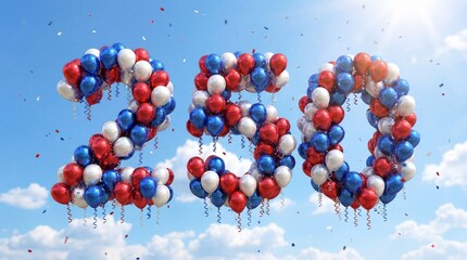 A number 250 made of red, white, and blue balloons floating in a sunny blue sky with confetti, concept for America's Semiquincentennial.