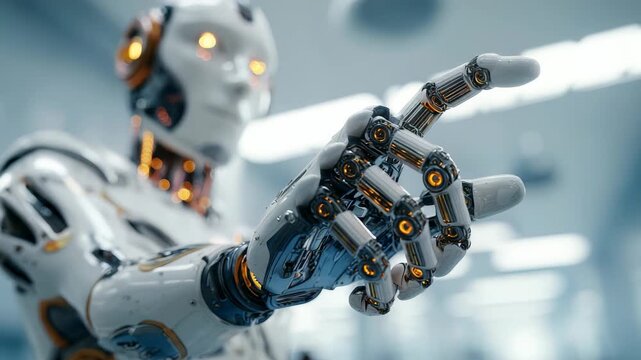 Futuristic humanoid robot with advanced mechanical hand reaching forward in a high tech laboratory environment. Artificial intelligence and robotics innovation concept