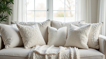 Collection of white textured pillows in different shapes and fabrics on a neutral sofa, cozy reading nook , inviting comfort and layered tranquility. Cloud Dancer Color of 2026.