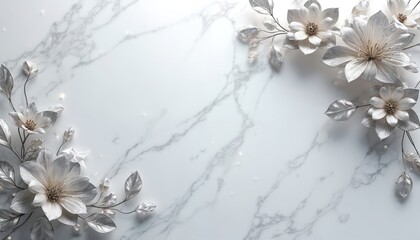 Elegant silver floral ornaments on marble backdrop. Illustration showcases refined flowers delicate leaves with a luxury feel. Ideal for design projects wedding invitations backgrounds.