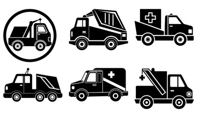 Black and white of various service vehicles including tow trucks and medical trucks with transparent background