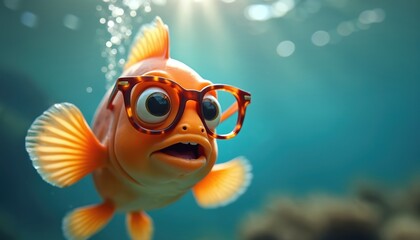Funny fish swims underwater with big eyeglasses. Aquatic animal looks surprised. Orange character explores sea environment. Humorous creature with glasses in marine life. Creative wildlife concept