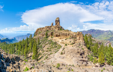 Landscape with Roque Nublo and Tenerife in the background, Gran Canaria, Canary Islands, Spain