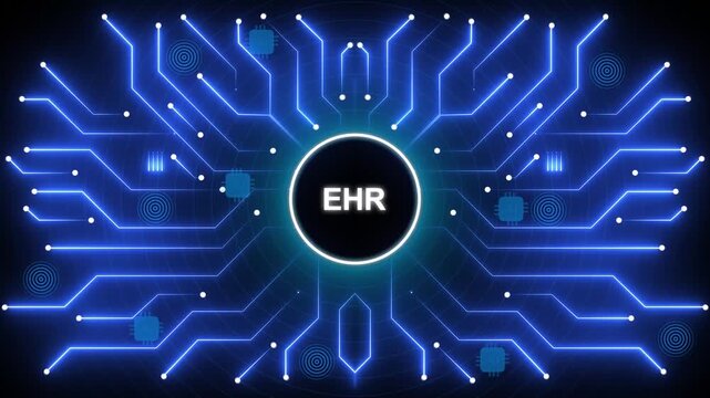 Electronic Health Record EHR system glowing blue circuit board network