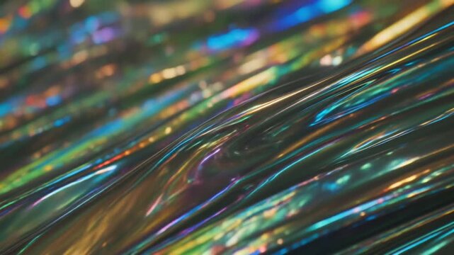 4K cinematic video of thin holographic foil strips falling rain, glowing rainbow reflections, shimmering metallic surfaces, ambient dark background effect, immersive abstract futuristic environment