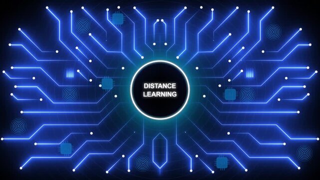 Distance learning concept with glowing blue circuit board background