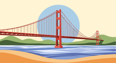 Obraz premium Iconic Golden Gate Bridge Suspension Structure Over Water.