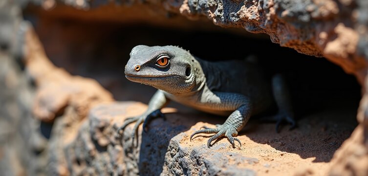 Closeup of Gomera lizard in lava rock wall. Reptile hides in stone cave. Endemic wild animal with scaly skin is habitat in natural environment. Orange eyes in the dark.