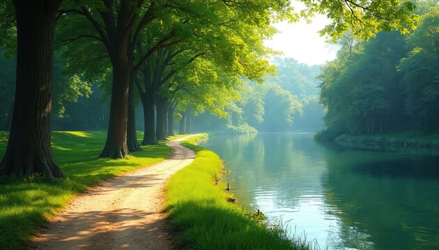 Scenic river landscape features a dirt path near water. Tall trees create leafy canopy. Bright sunlight shines on green grass. Peaceful nature with calm waters and quiet walking trail.
