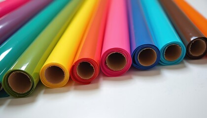 Close up photo of vinyl rolls in different colors. The craft material displays variety. Perfect for artistic projects. Various vibrant colors perfect for many creative purposes.