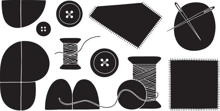 Sewing and crafting tools and supplies in black and white