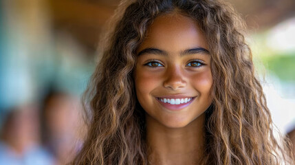 Obraz premium Close-up Portrait of Radiant Young Girl with Long Wavy Brown Hair and Bright, Genuine Smile Outdoors in Soft Lighting