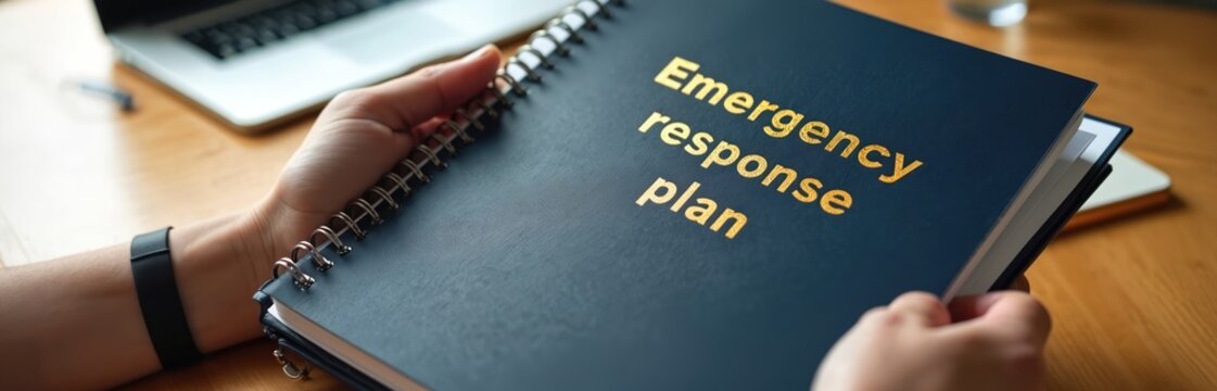 Person holds open spiral bound emergency response plan book. The text reads emergency response plan. Safety guide for disaster management is in hand near laptop.