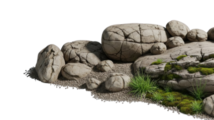 Natural Rock Formation with Moss and Grass on White Background