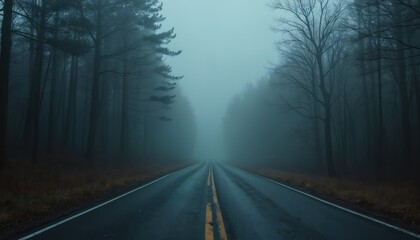 An empty road vanishes into thick fog. Dark trees line each side creating a mysterious atmosphere. Ominous feeling is present. Photo of lonely journey through a dark place.