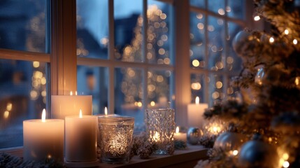 Cozy winter scene with lit candles and sparkling holiday lights by a frosted window.