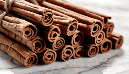 Cinnamon sticks bundle on white marble background