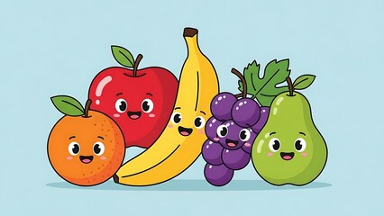 Smiling cartoon fruits with happy faces.