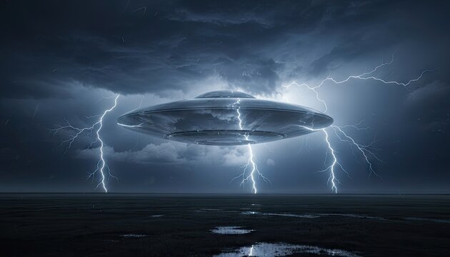 An Unidentified Flying Object Hovering Above Water During a Violent Thunderstorm with Intense Lightning Strikes Illuminating the Dark Clouds - Powered by Adobe