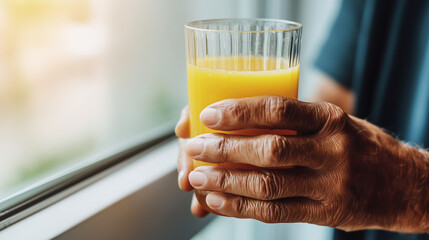 An elderly person's hand is holding a glass of orange juice by the window.