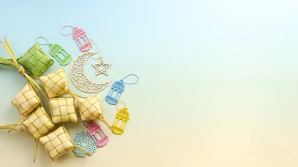 Islamic festive decorations with ketupat, crescent moon, and colorful lanterns on a soft gradient background for Ramadan & Eid