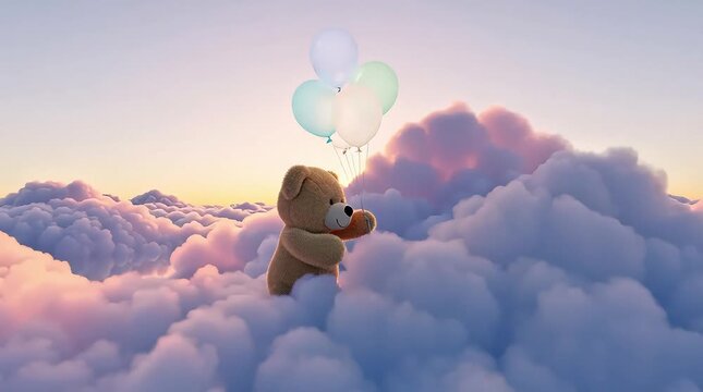 Cute Teddy Bear Floating with Balloons Over Soft Clouds at Sunset, Dreamy Sky Footage 4K