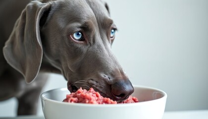 Grey dog eats fresh raw meat from bowl. Close up of a canine consuming food. Pet nutrition concept and animal wellbeing promotion. Healthy feeding with natural products is important.