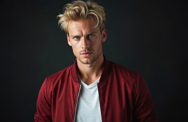 Obraz premium Young blond man with blue eyes wearing maroon bomber jacket posing in studio against dark background. He has short beard and messy hair, looking at camera. He appears confident and attractive.