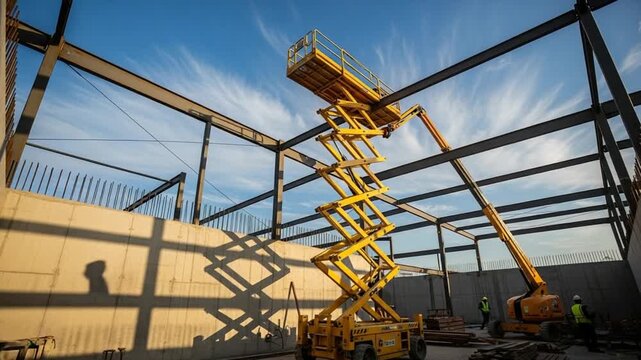 Construction Site with Yellow Scissor Lift and Telehandler in Industrial Building under Development with Metal Beams and Concrete Walls
