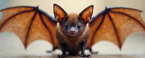 Adorable bat illustration with outstretched wings looking towards viewer. Cute brown animal with large ears and black eyes poses. Ideal for children books or educational materials.