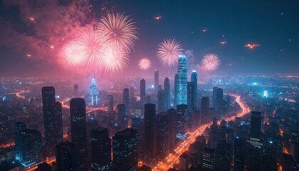 Fototapeta premium City skyline at night illuminated by fireworks and drones. Modern skyscrapers at cityscape background with bright lights. Digital network of smart city connects tech and future vision.