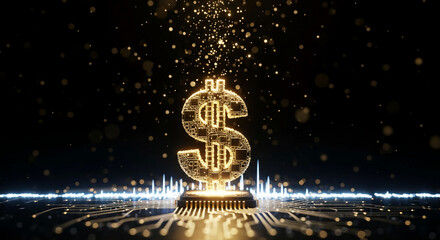 Glowing dollar sign composed of circuit board elements, standing on a microchip. Symbolizes digital finance, technology, and wealth creation