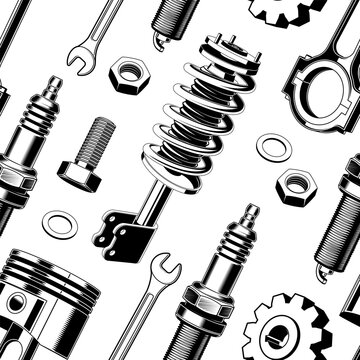 Auto parts seamless background. Vector. Background, wallpapers for a garage, car service, or fabric print.