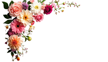 A vibrant floral arrangement featuring roses, dahlias, and baby's breath on a pristine white background