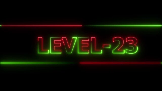 Glowing level-23 text with glitch effects animation. Two color letters spelling out level-23 appear on screen. Neon level up sign and upper Level . next Level text animation.